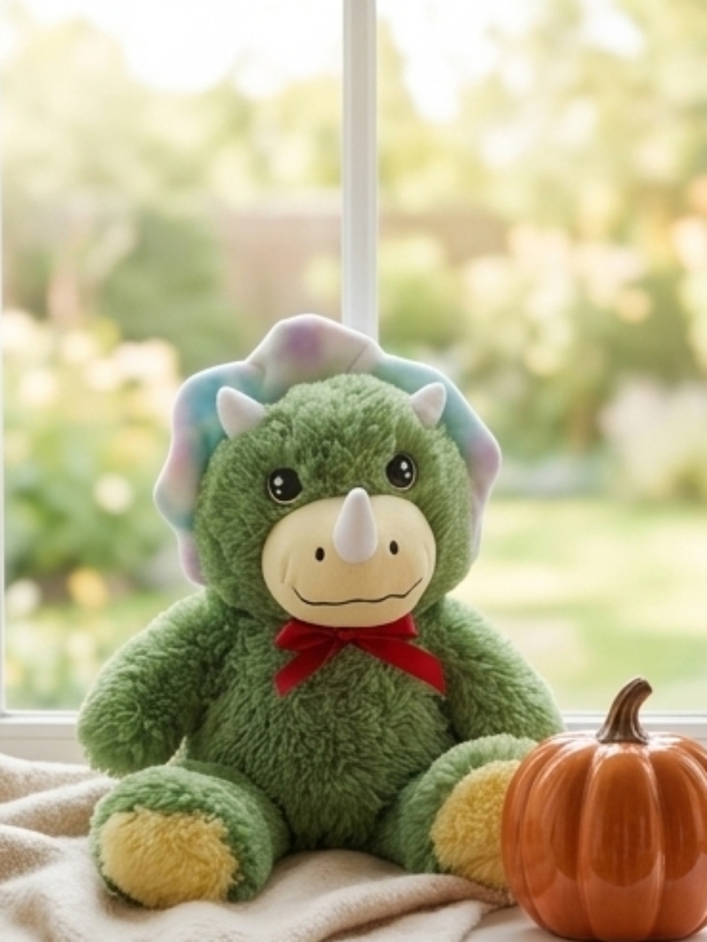 Green Triceratops Plush Toy with Rainbow Frill